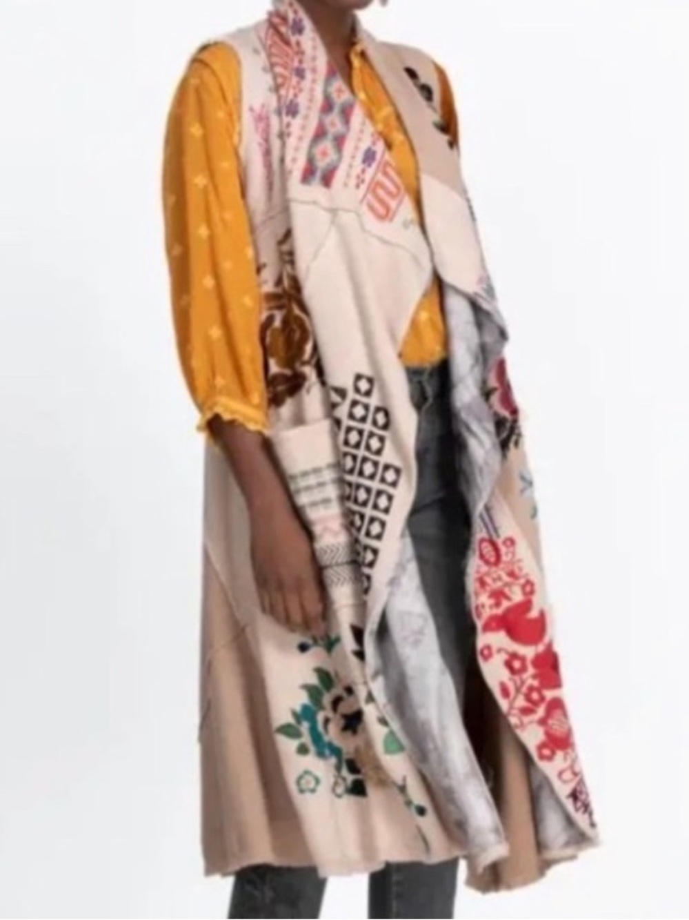 Amazing Amylea Boho Johnny Was Beige Embroidered Patchwork Long Vest S M